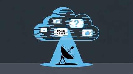 Information Cloud: A symbolic illustration of digital information, highlighting a central cloud, with data flowing through a satellite dish, suggesting digital data processing, internet.
