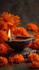 Traditional Diwali oil lamps decorate a temple with flowers as background, Diwali festival of lights celebration concept in India	