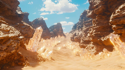 Desert canyon, crystal formations, sunlight.  Sand path, rocky walls,  amber crystals illuminate the landscape