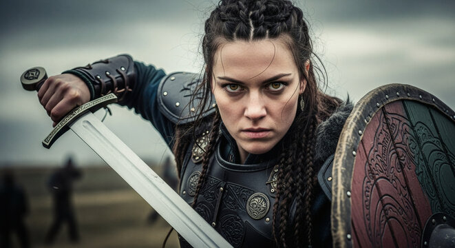 Viking shieldmaiden standing strong with braided hair and leather armor, wielding sword under stormy sky &mdash; fierce determination and warrior strength in dramatic Nordic battle scene