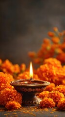 Traditional Diwali oil lamps decorate a temple with flowers as background, Diwali festival of lights celebration concept in India	