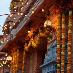 Temple decorated with marigold garlands and lights for traditional Indian festival Diwali, Holi, Traditional Indian temple for the festival