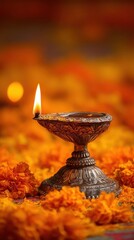 Traditional Diwali oil lamps decorate a temple with flowers as background, Diwali festival of lights celebration concept in India	