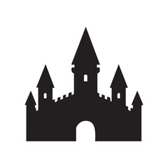 Obraz premium Black silhouette of a medieval castle with towers and an arched entrance isolated on white background silhouette