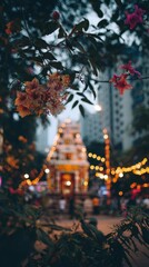 Temple decorated with marigold garlands and lights for traditional Indian festival Diwali, Holi, Traditional Indian temple for the festival