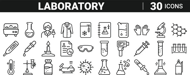 Set of 30 outline icons related to laboratory, line icon bundle