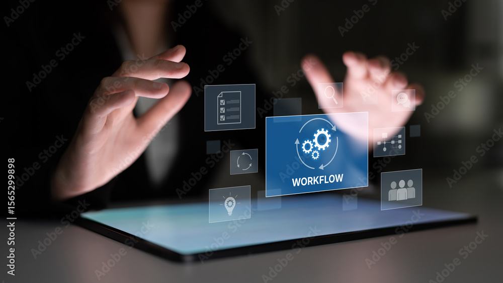 Poster workflow optimization concept featuring interconnected gears, task management, collaboration, proces