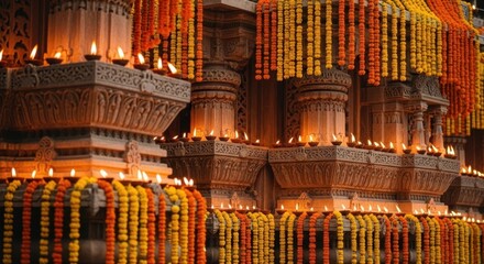 Temple decorated with marigold garlands and lights for traditional Indian festival Diwali, Holi, Traditional Indian temple for the festival
