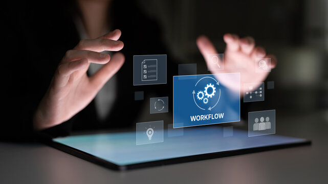 Workflow optimization concept featuring interconnected gears, task management, collaboration, process mapping, review, and automation for business productivity and efficiency Latch
