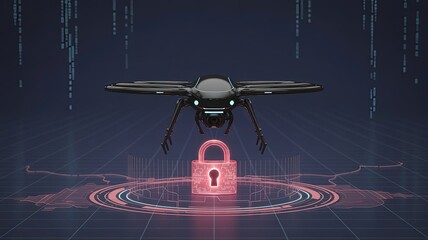 Drone Surveillance and Data Security: A sleek, futuristic drone hovers above a digital padlock, embodying cutting-edge technology, security, and the protection of sensitive data.