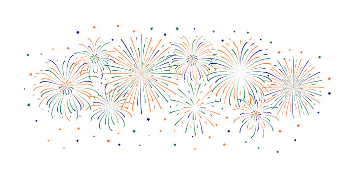 Happy India Independence Republic day Fireworks. Festival holiday green blue orange firecracker for banner poster flyer. Tricolor confetti, explosion, sparkle decorative elements. Vector design.
