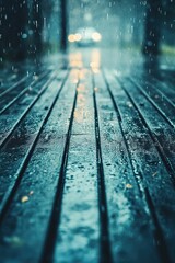 Obraz premium Wet planks show rainfall, leading to blurred light of car headlights