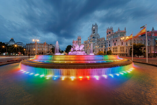 Cibeles fountain and palace lit with colors for Pride Month