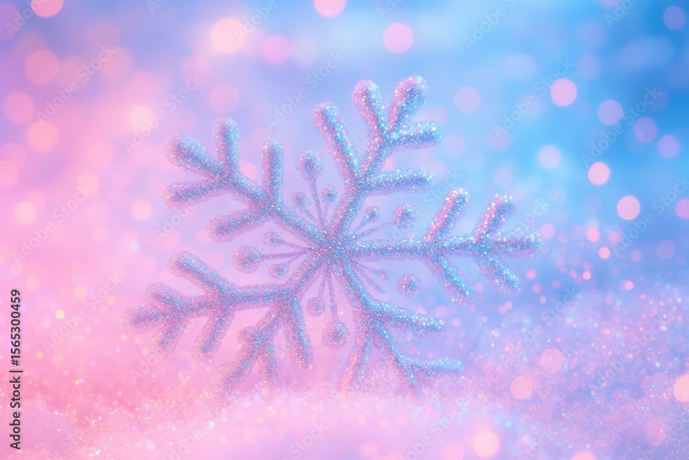 Poster close-up view of a sparkling snowflake ornament resting on a bed of glittering snow, creating a fest