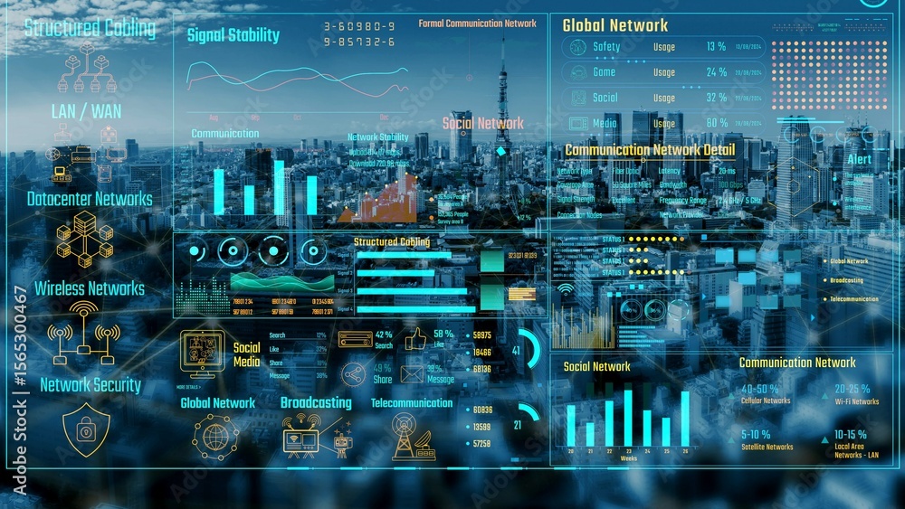 Poster data center monitoring dashboard visualize network performance, connection status, usage rate, and t