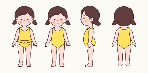 Cute child in swimsuit – pose set vector illustration