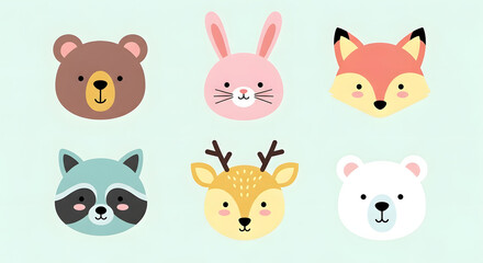 Fototapeta premium Cute Animal Faces: Bear, Bunny, Fox, Raccoon, Deer, Polar Bear