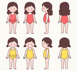 Cute child in swimsuit – pose set vector illustration