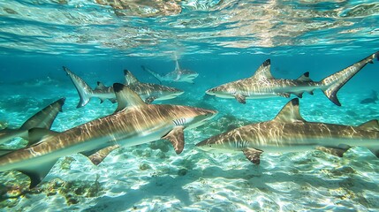 Obraz premium Group of sharks swimming underwater