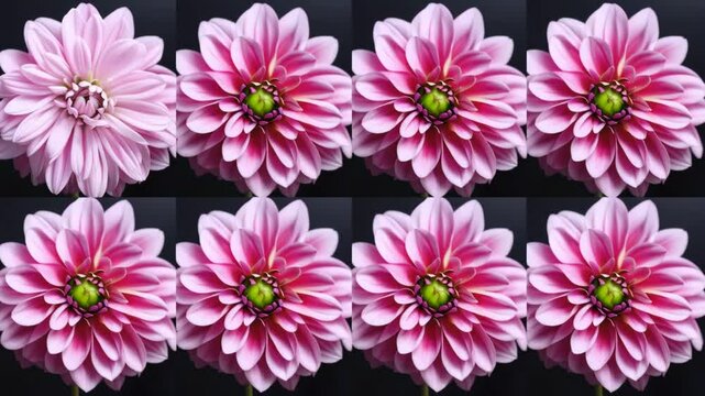 A stunning time-lapse capturing the blooming process of a beautiful dahlia flower, as its vibrant petals slowly unfurl in perfect symmetry.