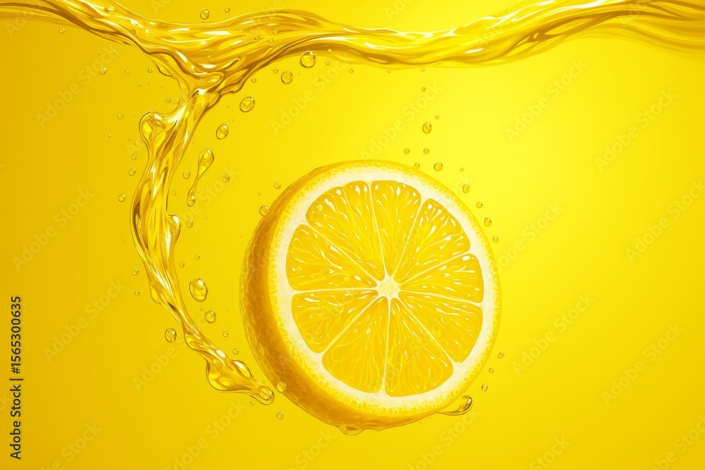 Poster juicy lemon slice is submerged in a vibrant yellow liquid, creating a refreshing splash and bubbles,