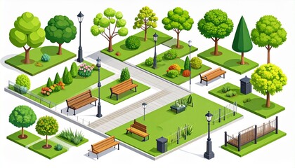 Modern park isometric elements constructor mega set. Creator kit with flat graphic street lanterns, trees and bushes, fences, benches, trash bins, paths. Vector illustration in 3D isometry design.