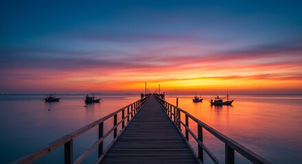 Fototapeta premium Serene Sunrise Pier, Fishing Boats, and Tranquil Water