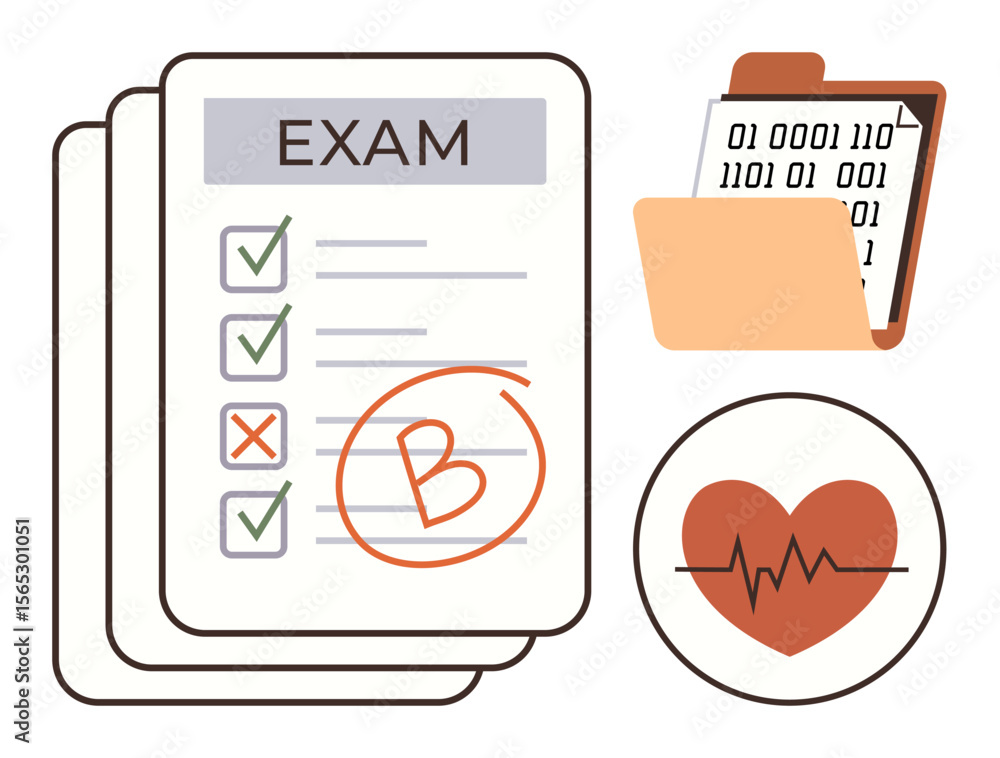 Poster graded exam paper with checkmarks and a b grade, binary data folder, and heartbeat monitor. ideal fo