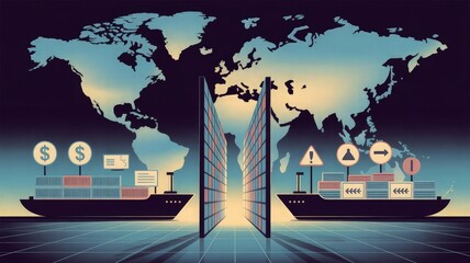 Global Commerce: A digital rendering portrays the intricate dance of international trade, featuring container ships navigating a world map, symbolizing the interconnectedness of global markets.