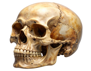 Weathered Human Skull Missing Lower Jaw and Front Teeth, Isolated PNG