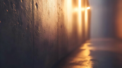 A dimly lit hallway, with textured concrete walls and warm, focused lighting