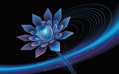 Abstract Lotus: A stylized, luminous lotus flower, crafted with intricate lines and bathed in radiant hues of blue and purple, radiates an aura of serenity against a stark black backdrop.