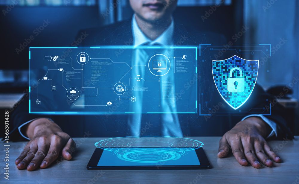 Poster cyber security protects against breaches, hacks, and network attacks using strong infrastructure and
