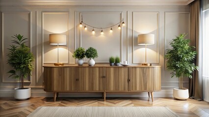 Elegant Mid-Century Modern Living Room Decor with Wooden Cabinet, Plants, and Lamps