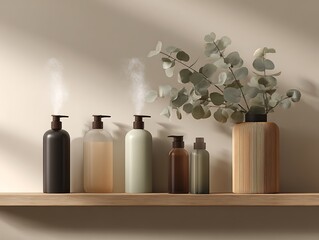 Elegant Diffuse Oil Bottles and Modern Rattan Misting Bottle with Eucalyptus – Photorealistic Mockup