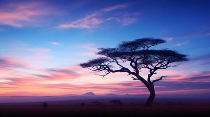 Obraz premium A solitary tree stands silhouetted against a vibrant sunset over the African savanna.