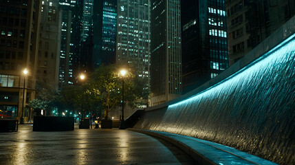 Cityscape at night, featuring a modern water wall.  Urban parkway with lit streetlamps, trees, and high-rises.  Evening ambiance