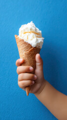 Delightful moment of a child enjoying a large ice cream cone against a vibrant blue background