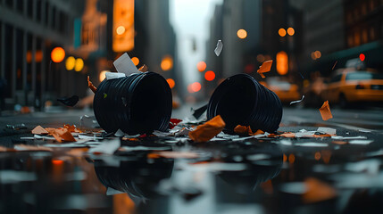 Urban street scene, overturned trash cans, scattered debris, and city lights reflected in puddles