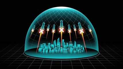City Shield: A conceptual illustration depicts a futuristic city under a protective energy dome. Missiles are blocked.
