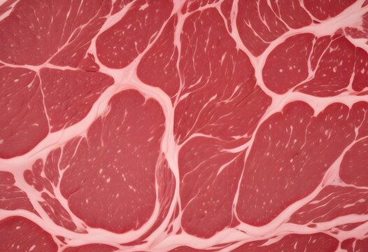 Close-up of fresh raw meat with detailed marbling. High-resolution beef texture with vibrant red color. Organic patterns in premium quality meat.