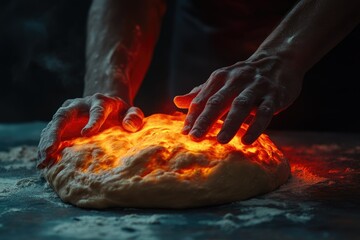 Baker's hands gently shaping glowing dough, a mystical bread-making scene.