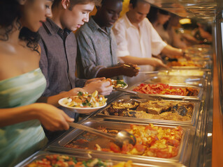 Obraz premium Buffet Restaurant Dining: Diverse Cuisine and Healthy Eating in a Social Gathering Setting