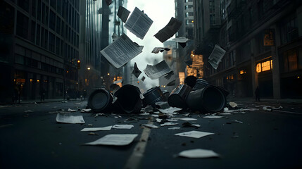 Urban chaos; papers and trash strewn across a city street, amidst buildings