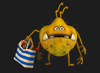 Fun 3D cartoon virus with a beach bag