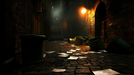 A dimly lit, cobbled alleyway, strewn with papers and overflowing bins, enveloped in a mysterious atmosphere