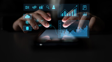 Data flow from database and cloud to processing and analytics dashboards, representing data...