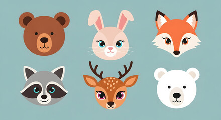 Fototapeta premium Adorable Kawaii Forest Animals: Cute Faces Set
