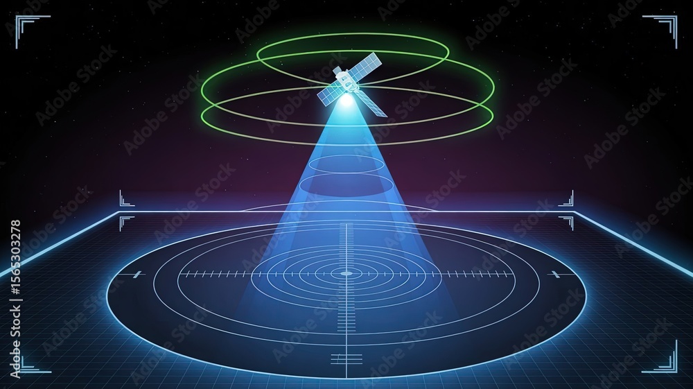 Poster cosmic surveillance: an artistic representation of a satellite beaming down data and signal with glo