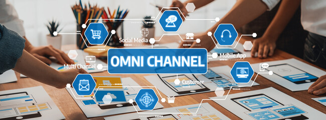 A vibrant collaborative workspace showcasing omni channel strategy with digital devices and...